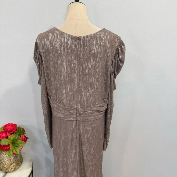 Mac Duggal 49503 Mauve Taupe Metallic Faux Wrap Draped Puff Sleeve Gown -Reemoly